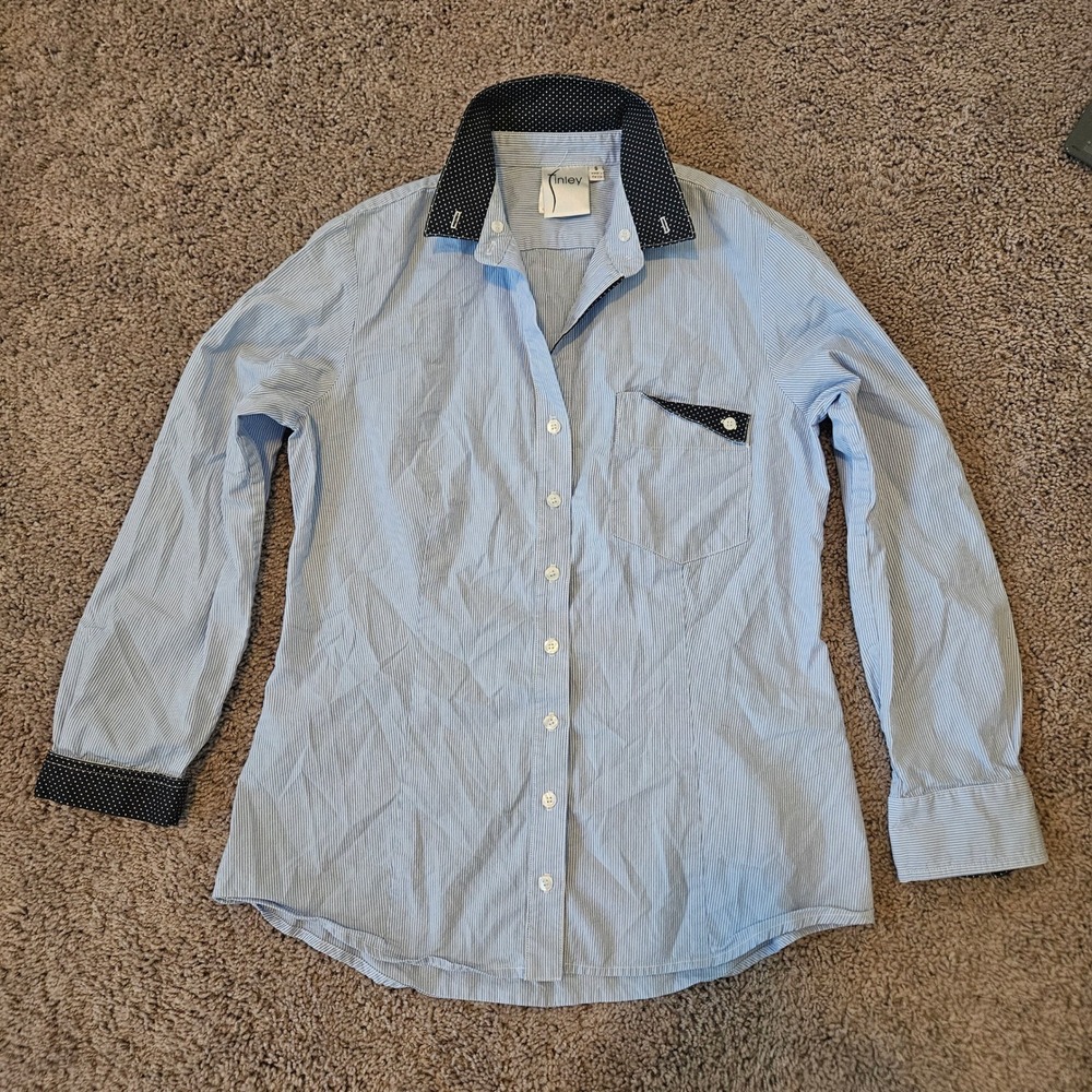 Finley Button Down‎ Shirt Womens S Blue Striped Polka Dot Contrast Trim Made USA